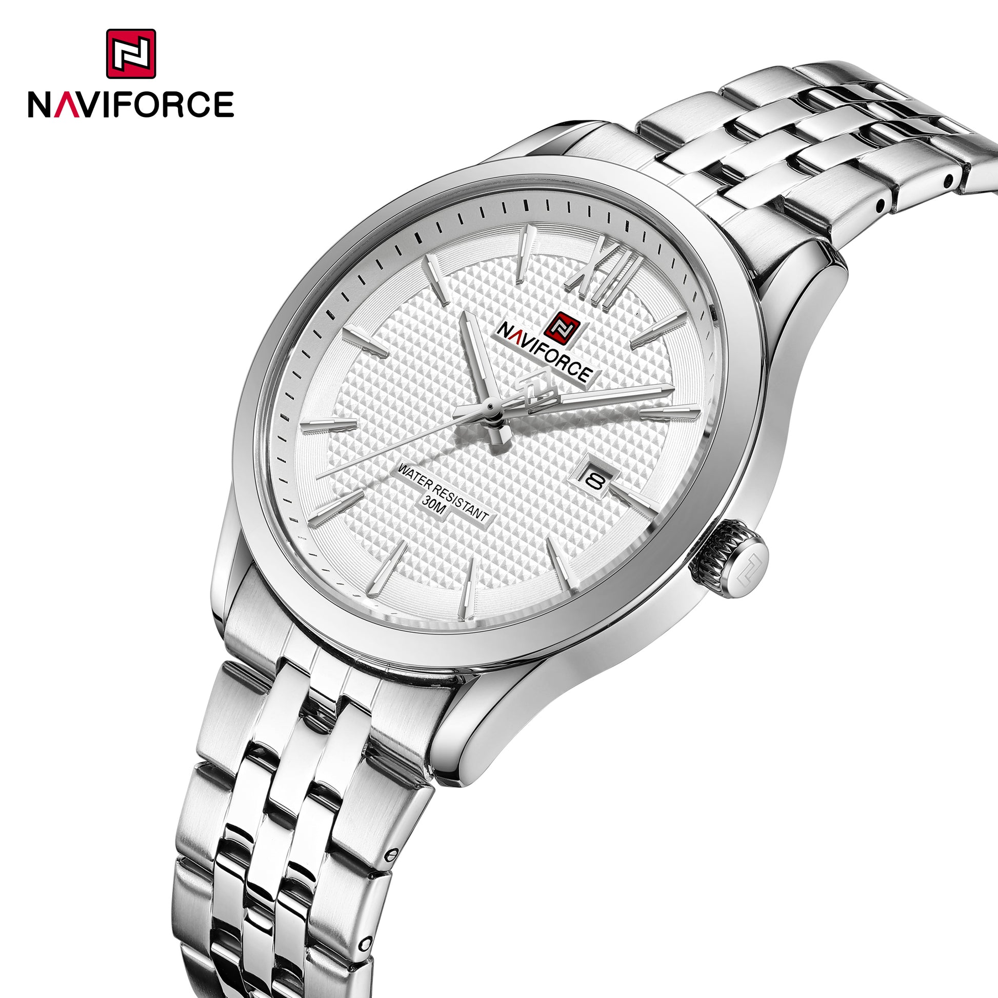 NaviForce NF9255 blanco con brazalete de acero, vista lateral